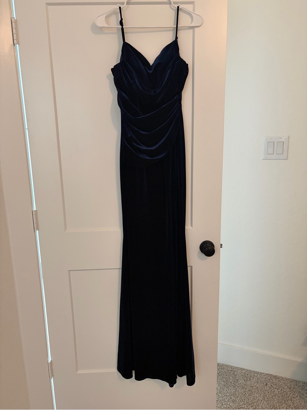 Windsor Navy Velvet Cowl Neck Spaghetti Strap Gown